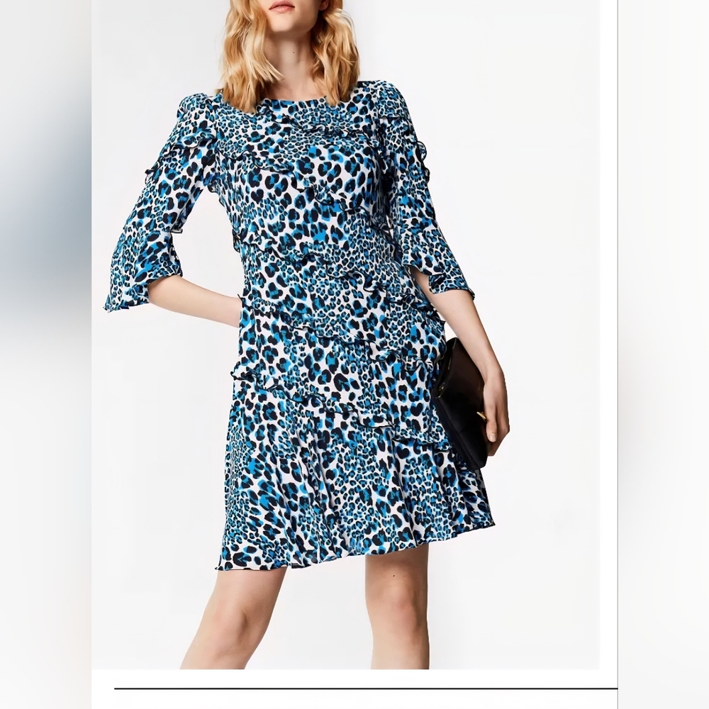 Karen Millen Blue Leopard Print Asymmetrical Ruffle Bell Sleeve Mini Dress,Size4